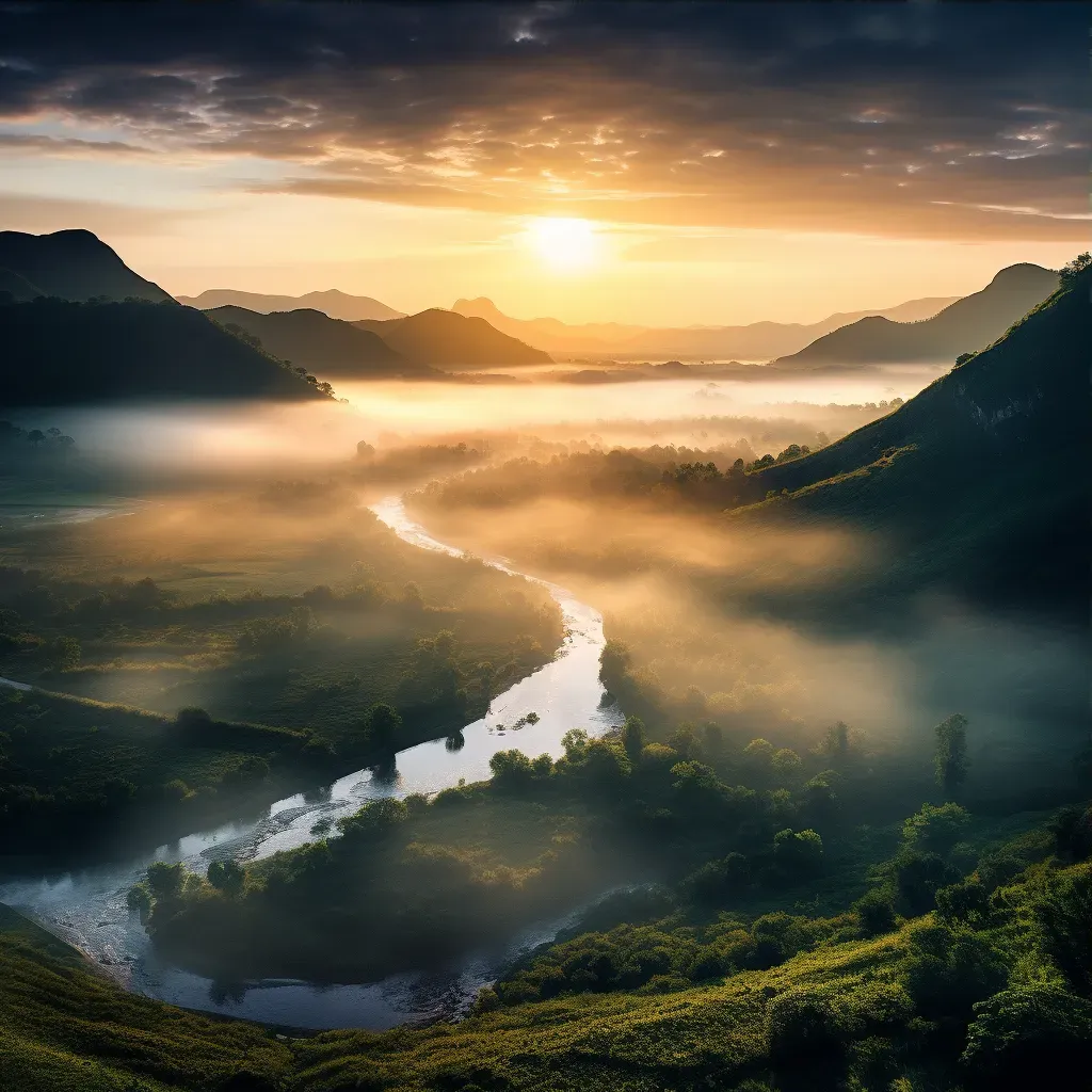 Misty mountain valley illuminated by first light at dawn - Image 3