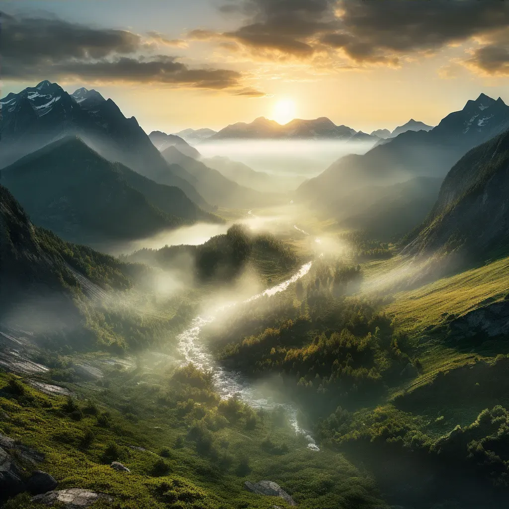 Misty mountain valley illuminated by first light at dawn - Image 4