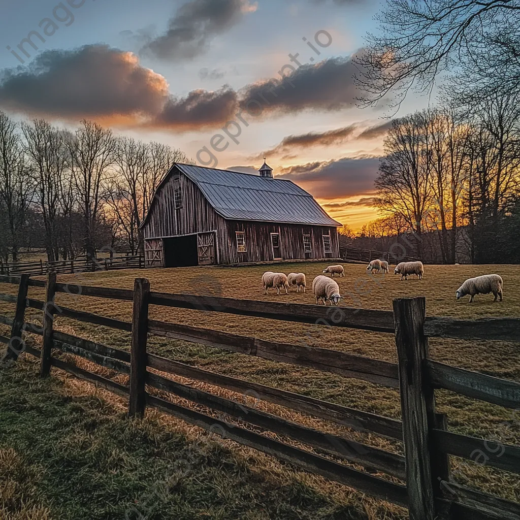 Twilight scene with classic barn and grazing sheep - Image 1