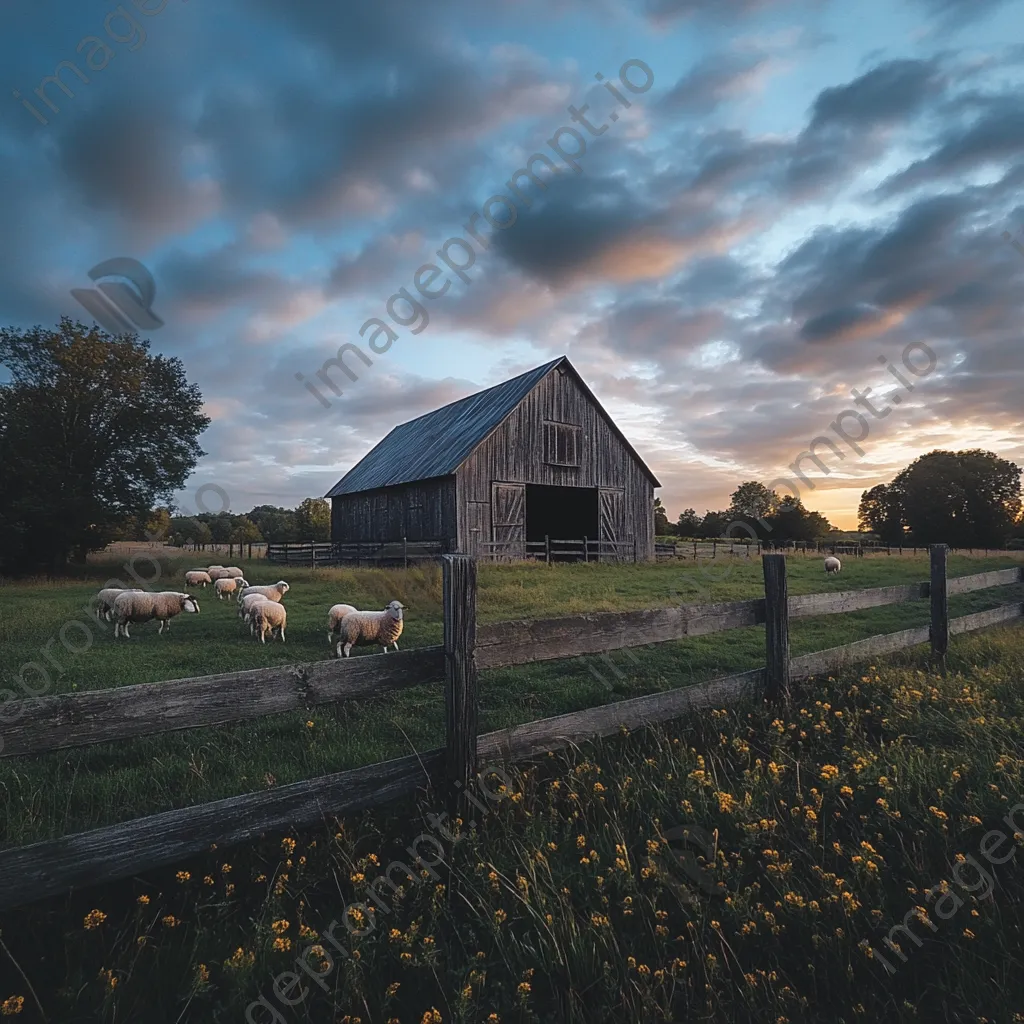 Twilight scene with classic barn and grazing sheep - Image 2