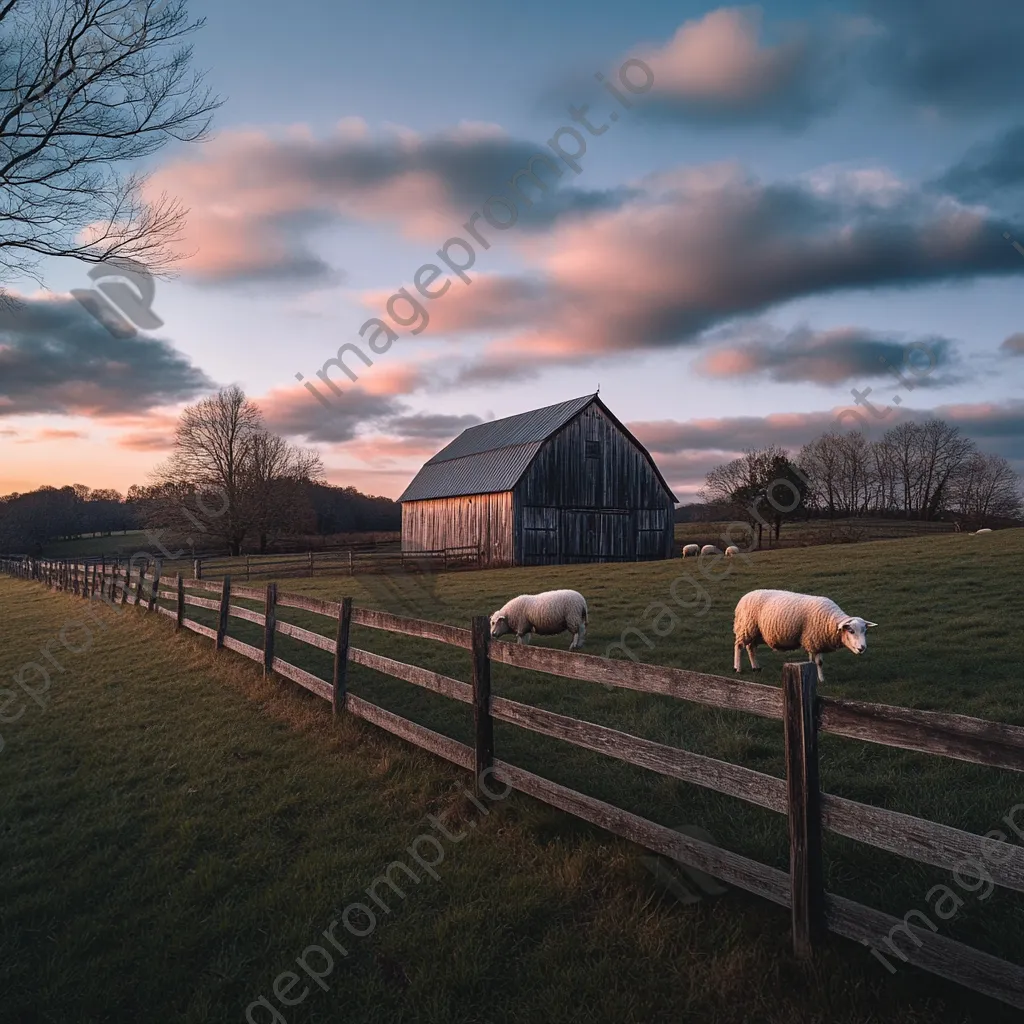 Twilight scene with classic barn and grazing sheep - Image 4