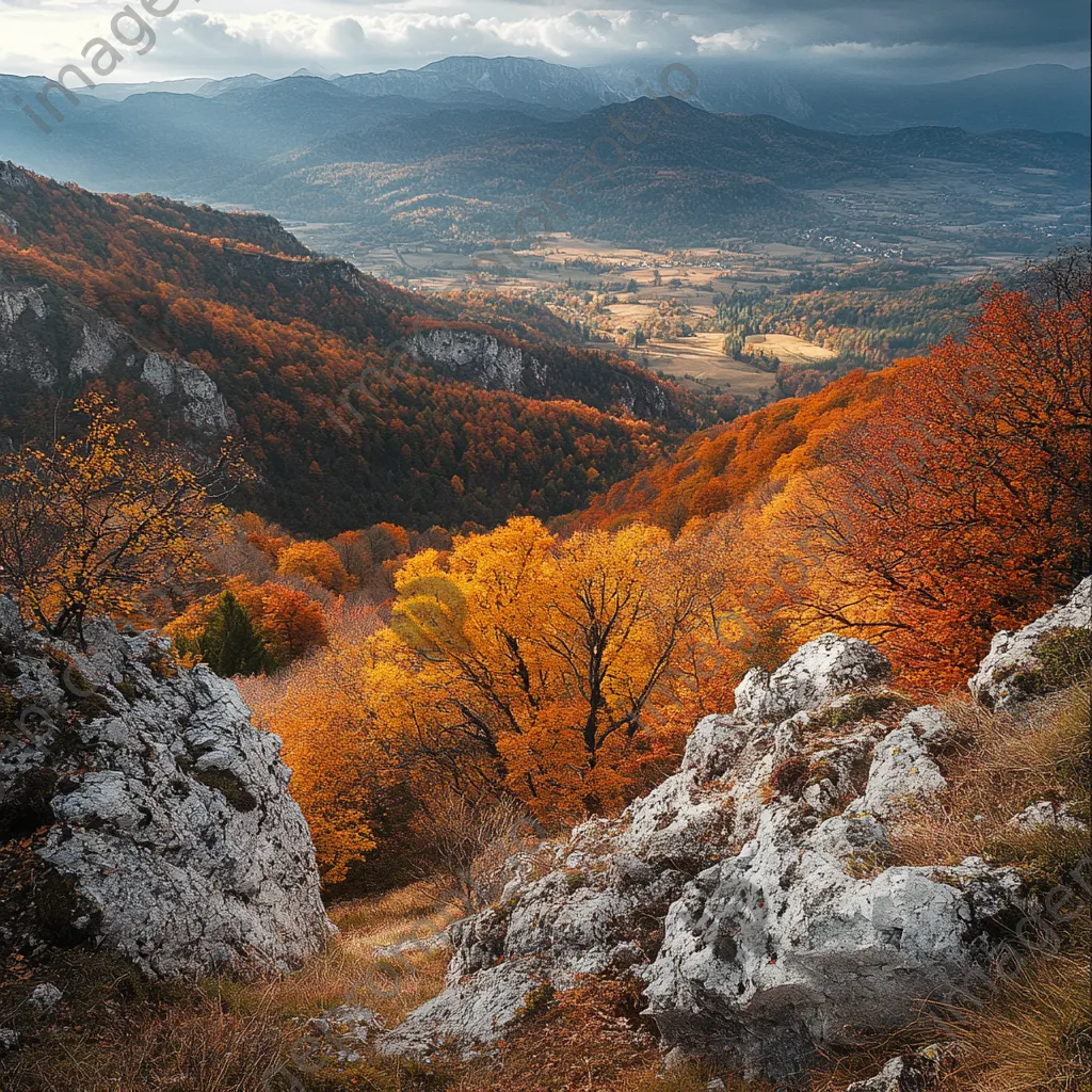 Mountain plateau view of autumn foliage in valley. - Image 1