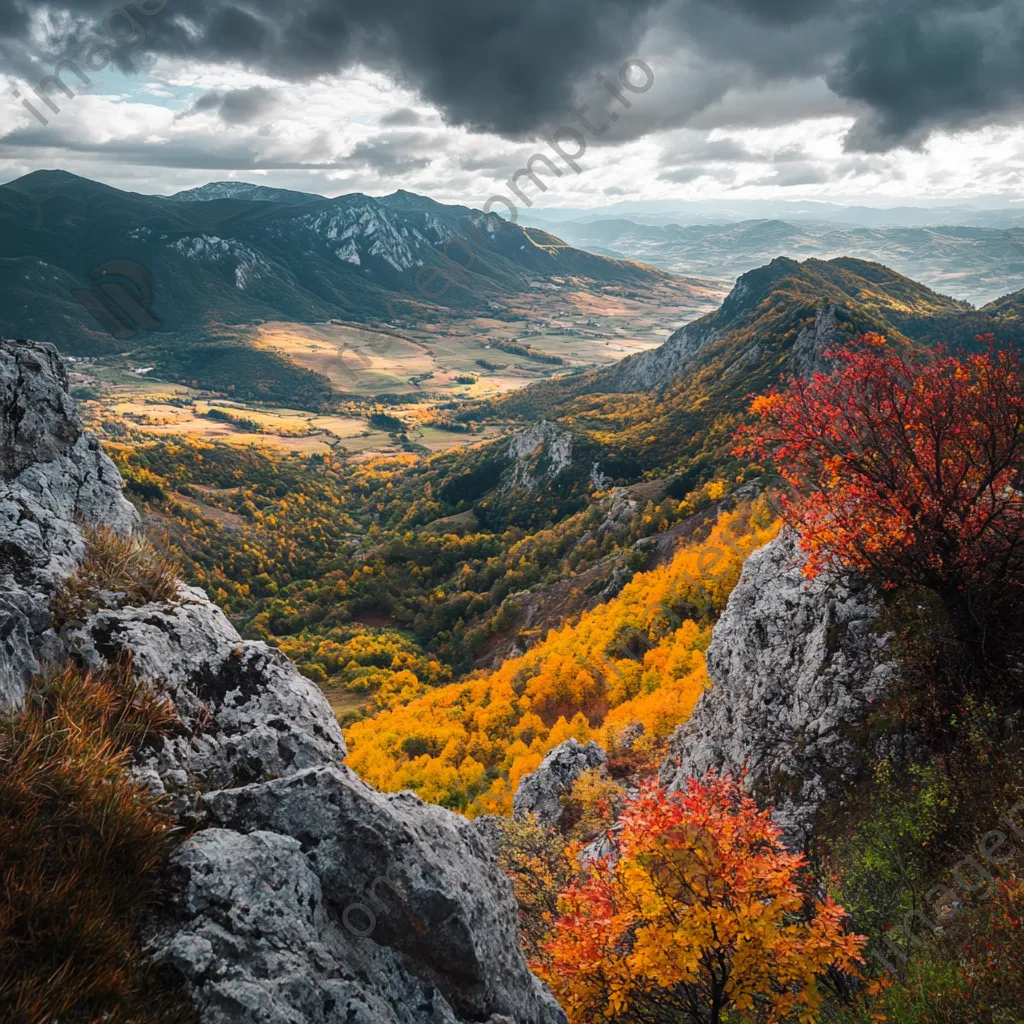 Mountain plateau view of autumn foliage in valley. - Image 3