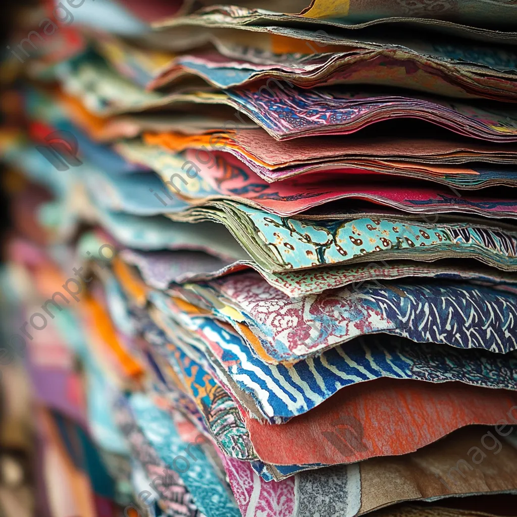 Close-up of stacked colorful handmade paper. - Image 1