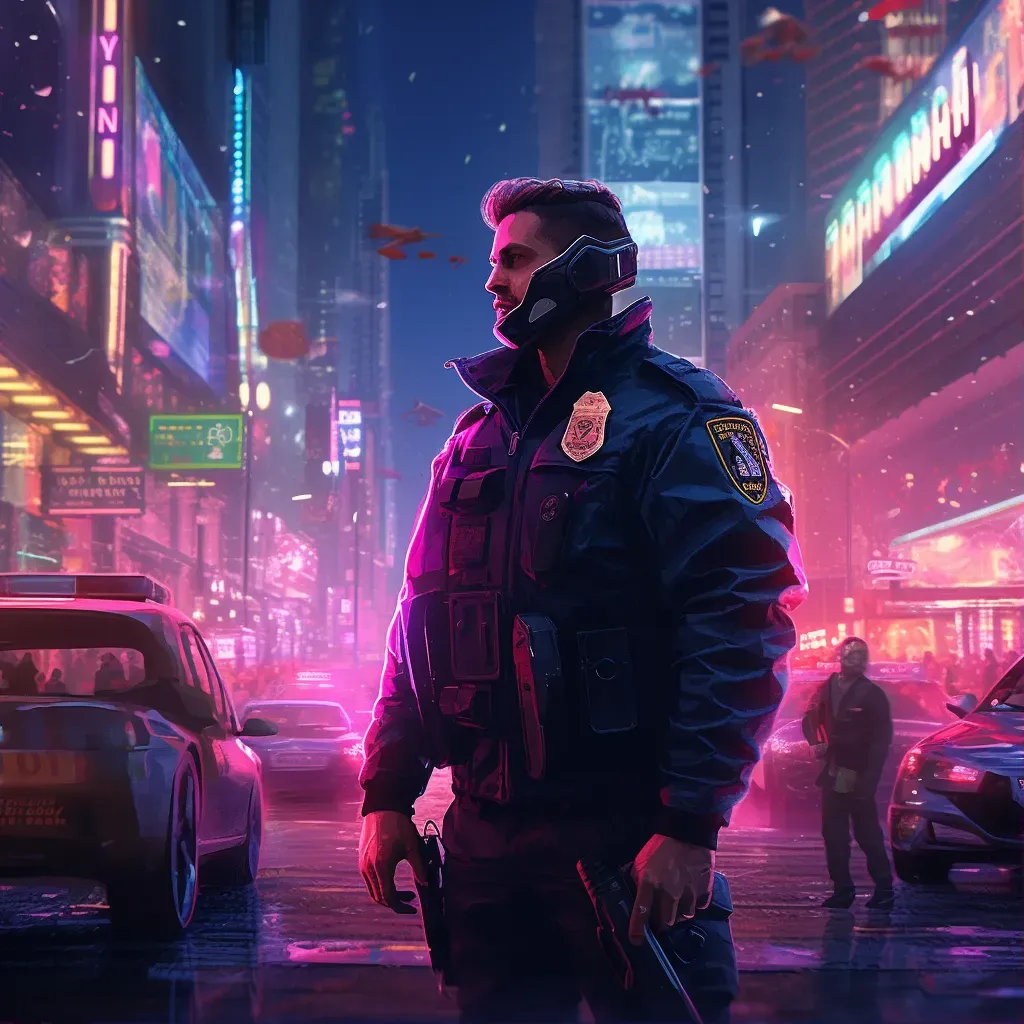 Brave law enforcer in tense nighttime standoff under neon city lights - Image 1