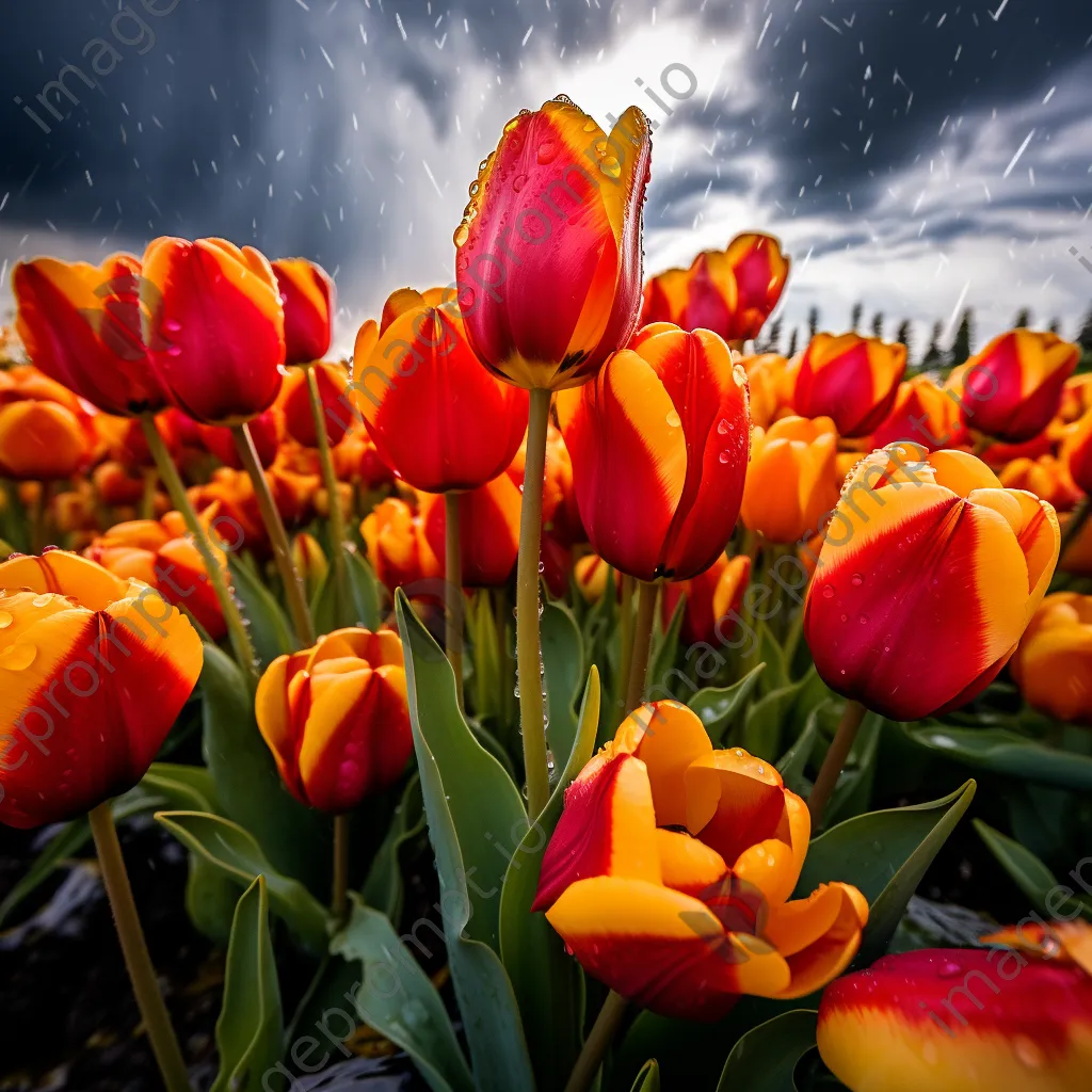 Vibrant tulip field with raindrops under a cloudy sky. - Image 2