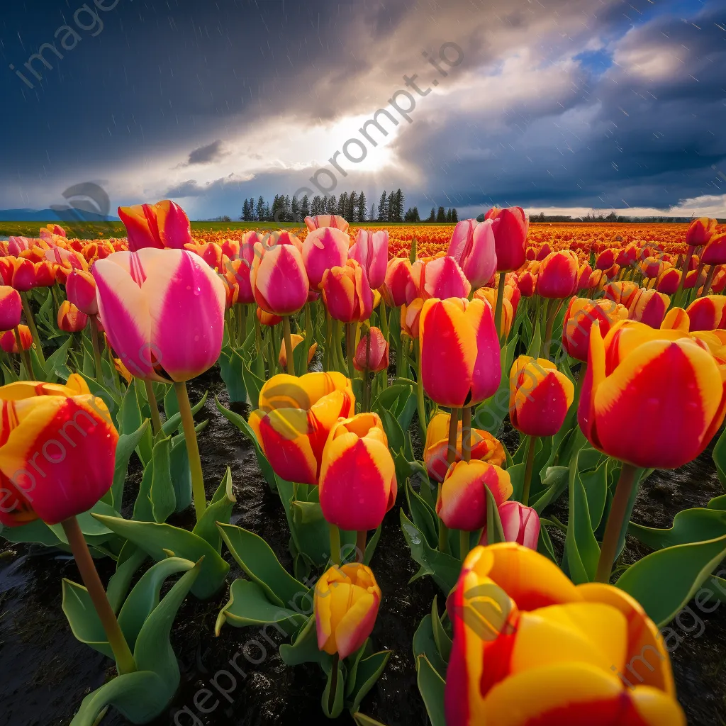 Vibrant tulip field with raindrops under a cloudy sky. - Image 3