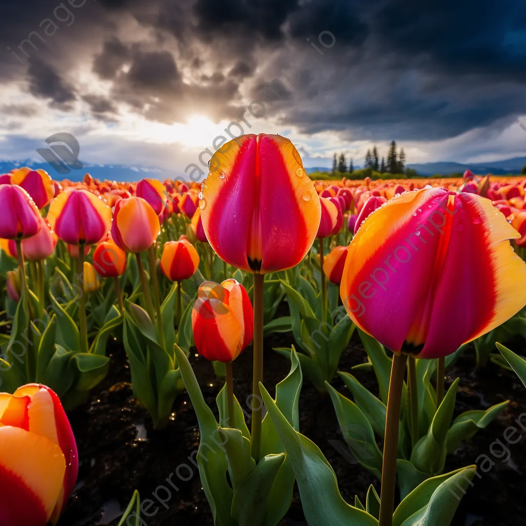 Vibrant tulip field with raindrops under a cloudy sky. - Image 4