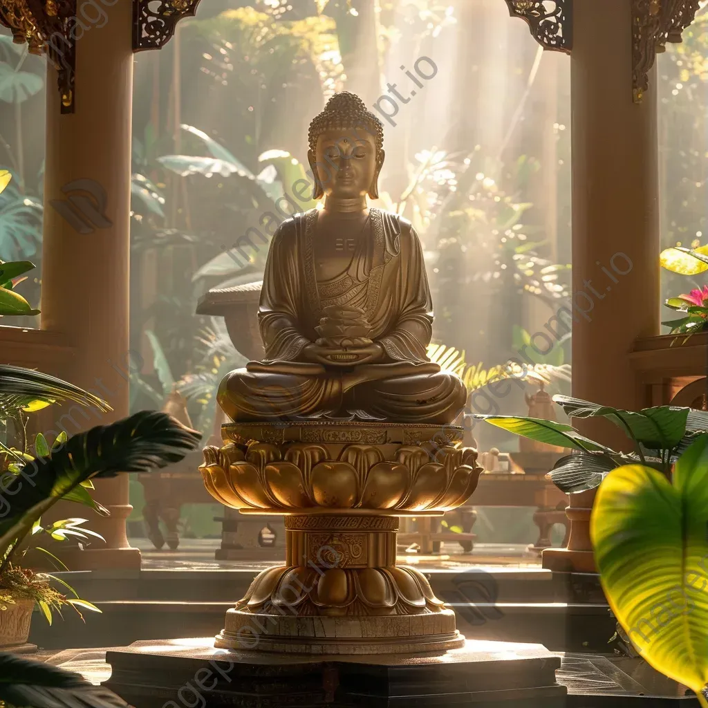 Golden buddha statue in peaceful temple with greenery and sunlight - Image 1