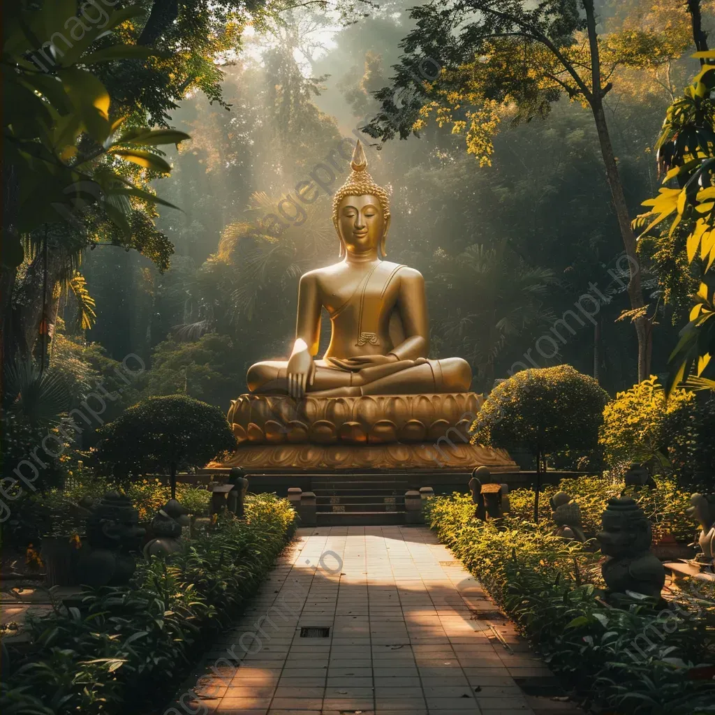 Golden buddha statue in peaceful temple with greenery and sunlight - Image 2