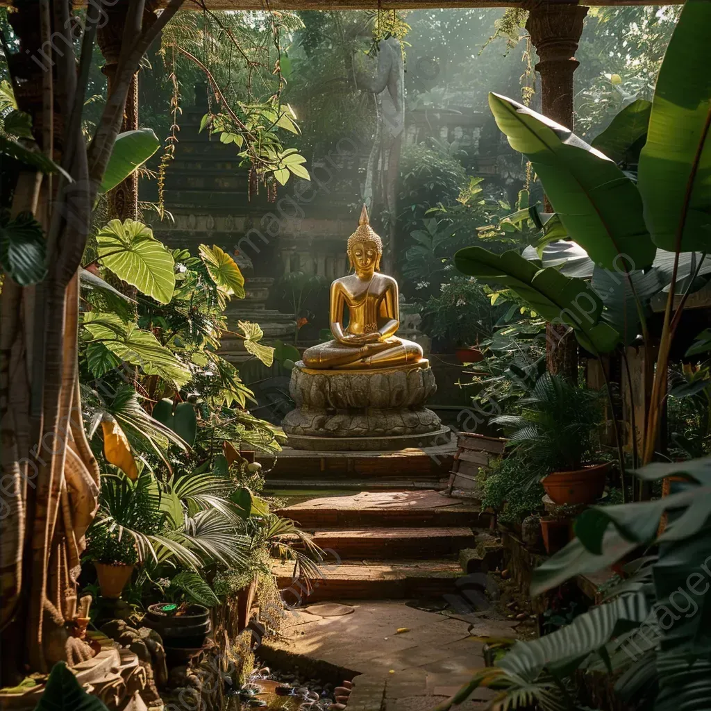 Golden buddha statue in peaceful temple with greenery and sunlight - Image 4