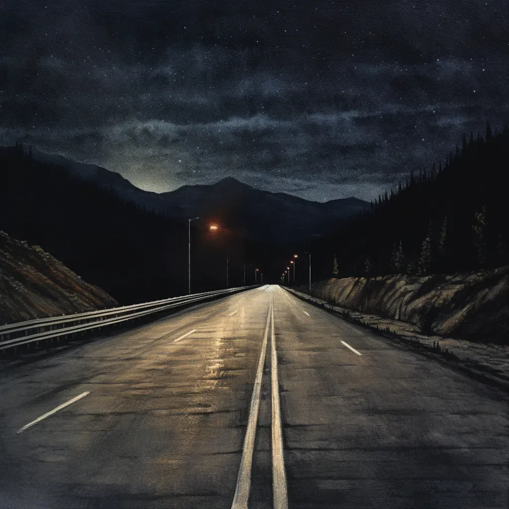 Dark lonely highway with one set of headlights illuminating the road at night - Image 1