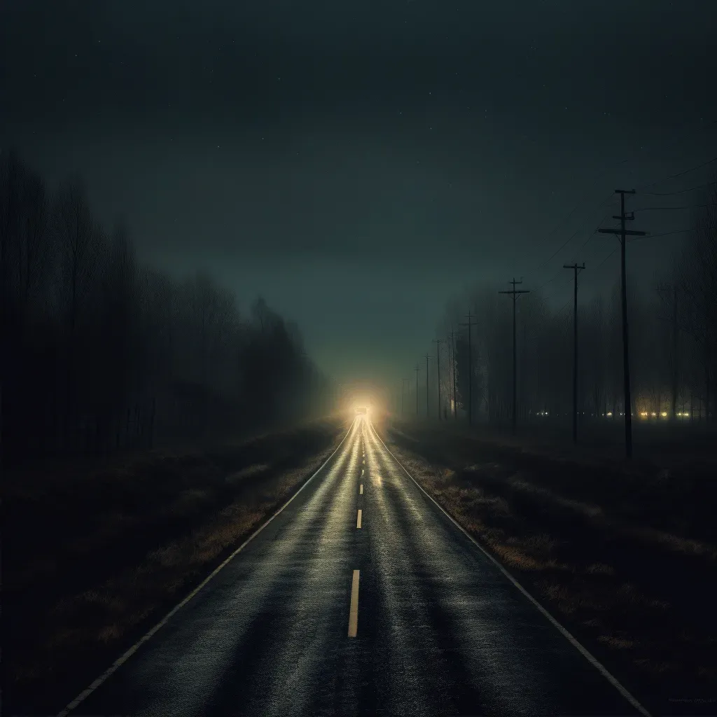 Dark lonely highway with one set of headlights illuminating the road at night - Image 2