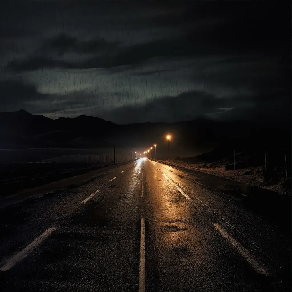 Dark lonely highway with one set of headlights illuminating the road at night - Image 3