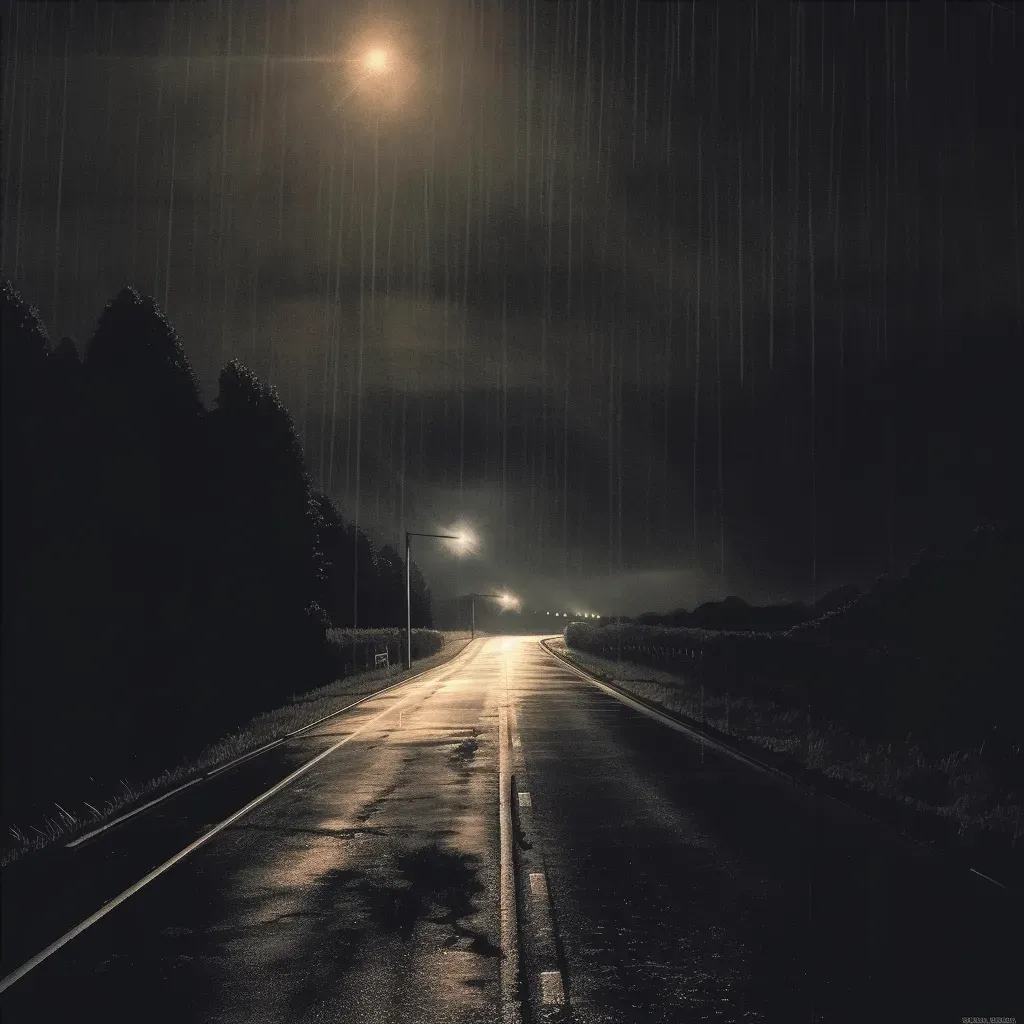 Dark lonely highway with one set of headlights illuminating the road at night - Image 4