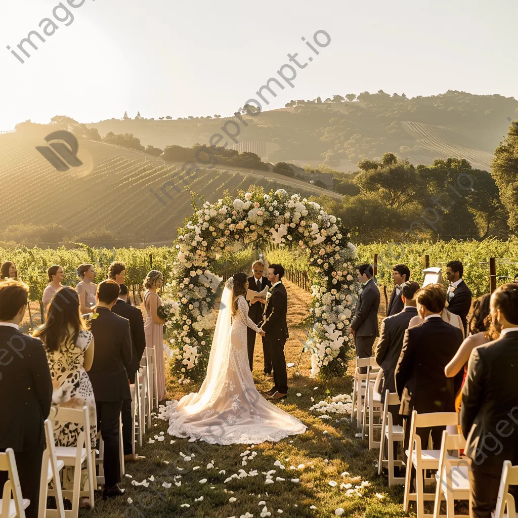 Outdoor wedding ceremony at a vineyard with floral decorations. - Image 1