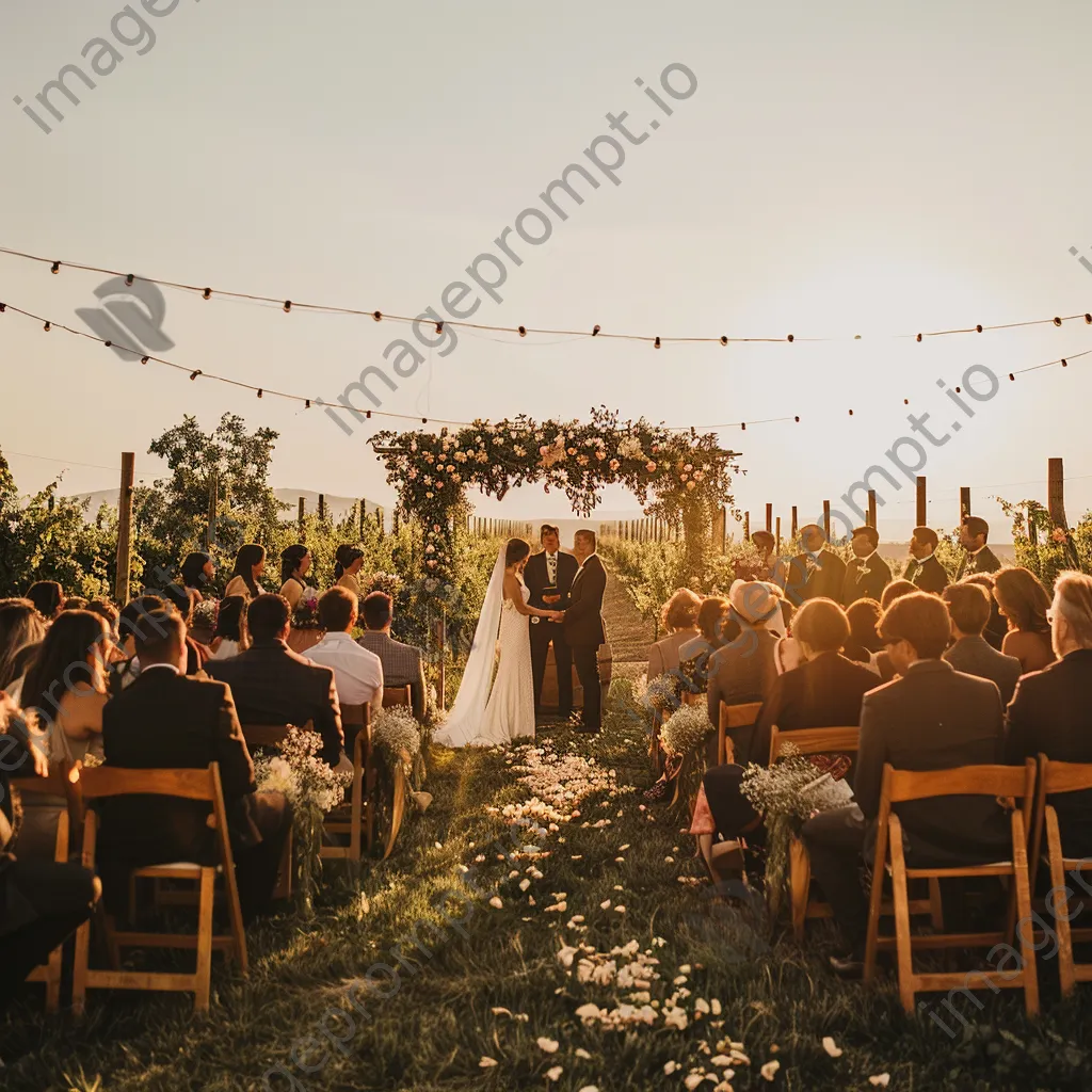 Outdoor wedding ceremony at a vineyard with floral decorations. - Image 2