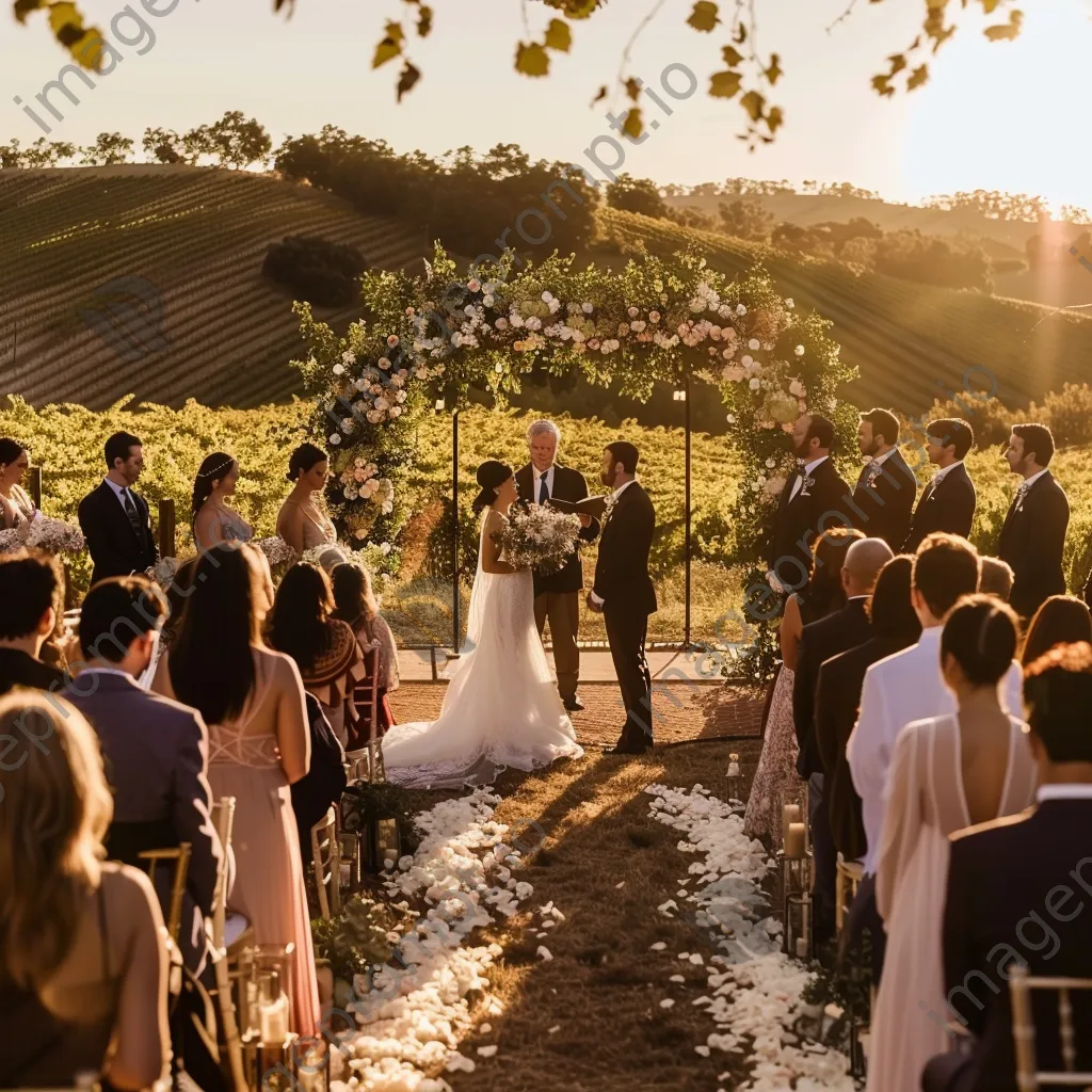 Outdoor wedding ceremony at a vineyard with floral decorations. - Image 3