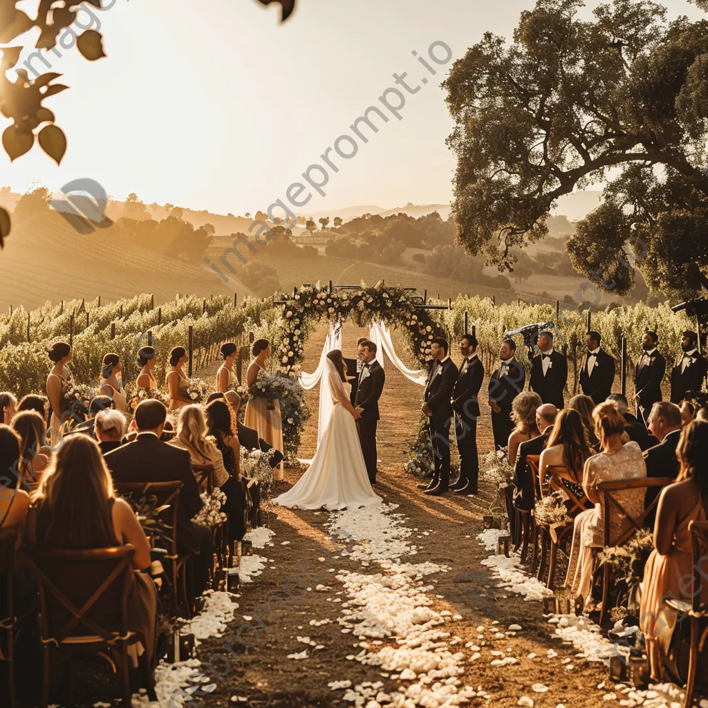 Outdoor wedding ceremony at a vineyard with floral decorations. - Image 4