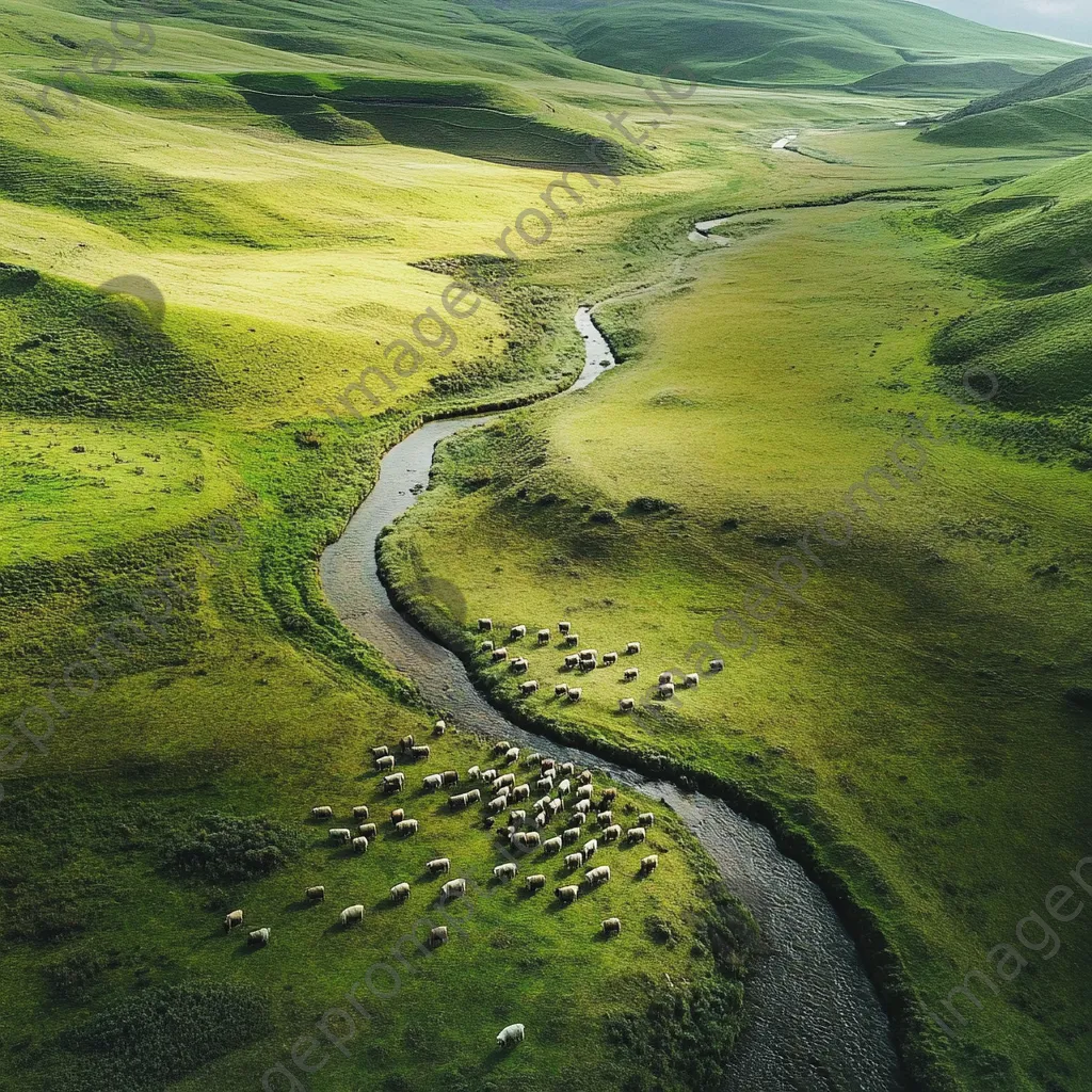 Aerial shot of shepherd and flock meandering through a beautiful valley - Image 2