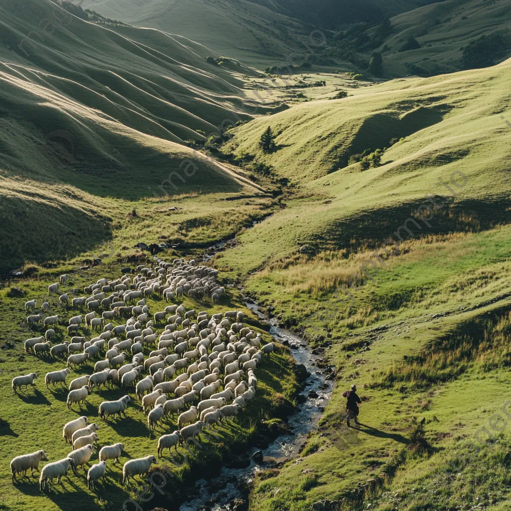 Aerial shot of shepherd and flock meandering through a beautiful valley - Image 4