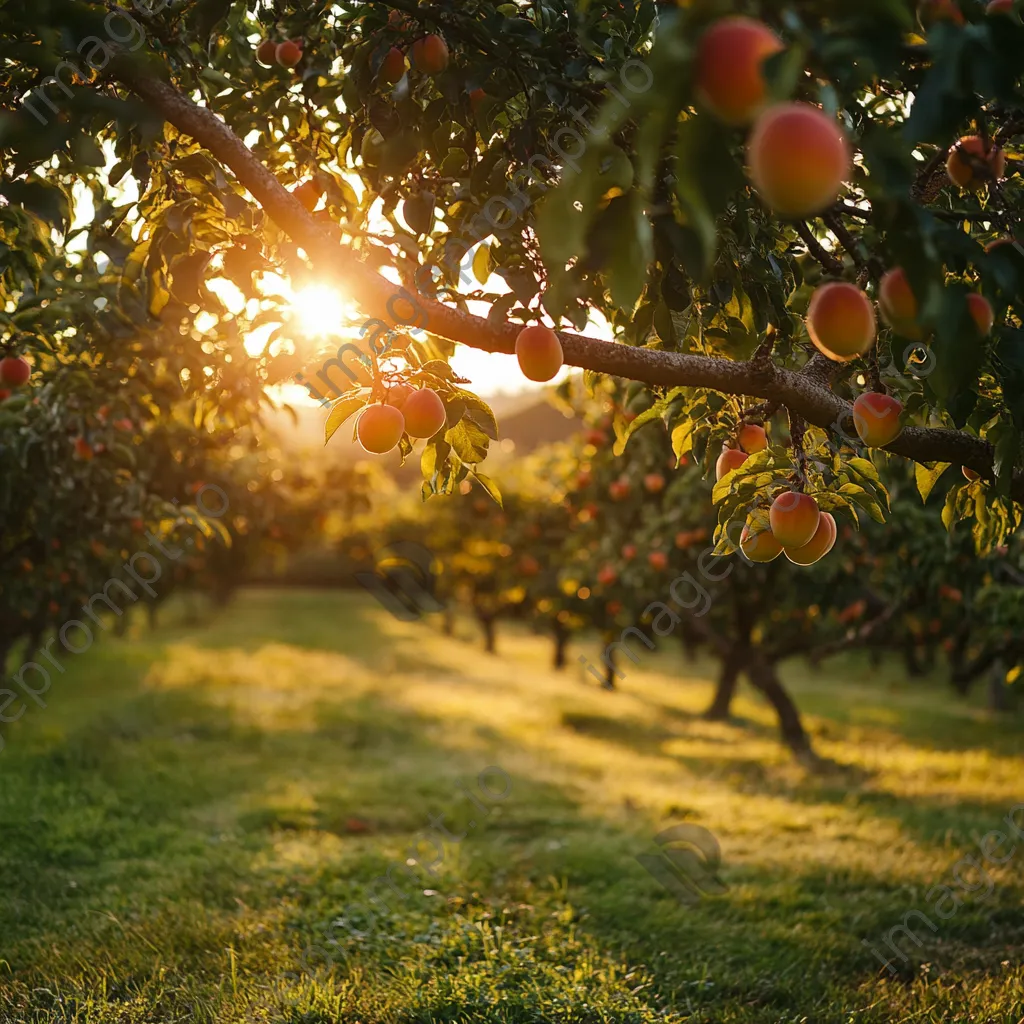 Peach trees with ripe fruits in an orchard at sunset - Image 2