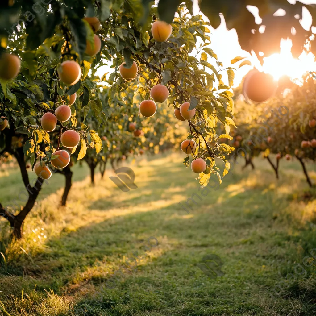 Peach trees with ripe fruits in an orchard at sunset - Image 3