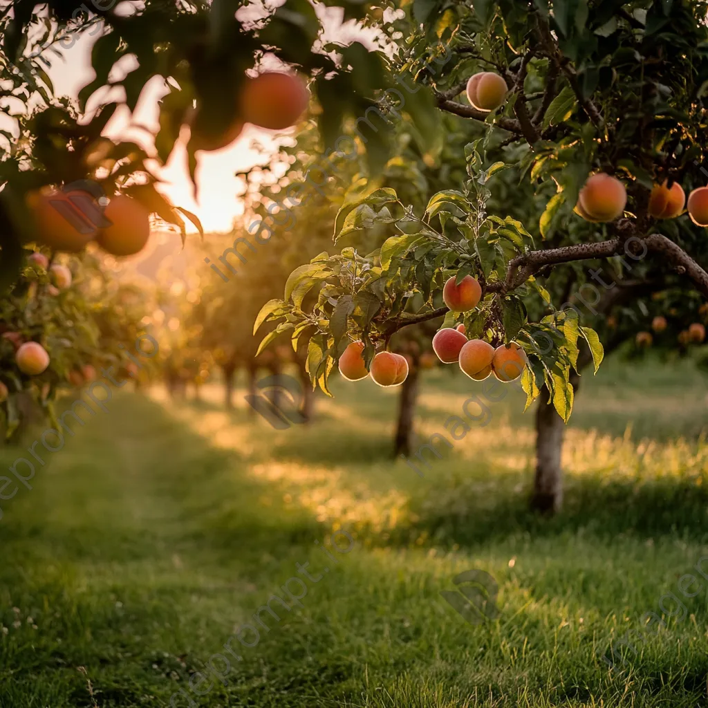 Peach trees with ripe fruits in an orchard at sunset - Image 4