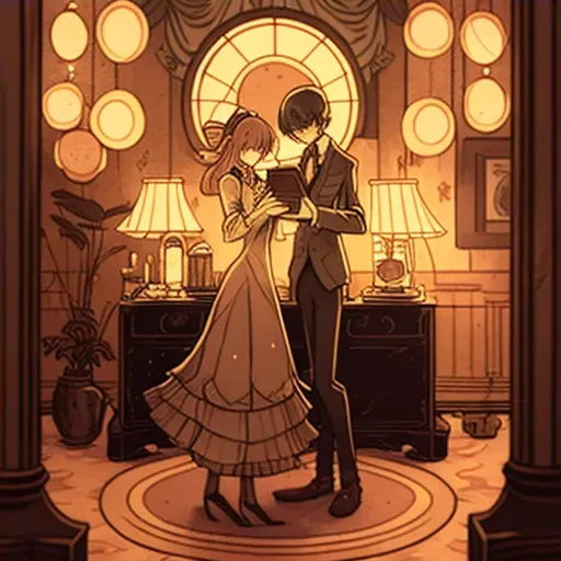 Couple dancing to gramophone in candle-lit room - Image 4