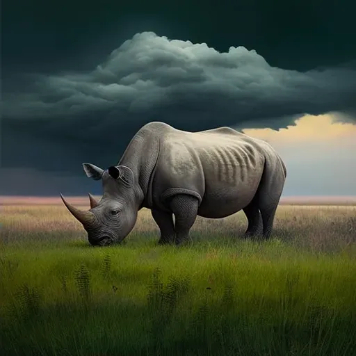 Javan rhinoceros grazing in green grasslands under cloudy sky - Image 2