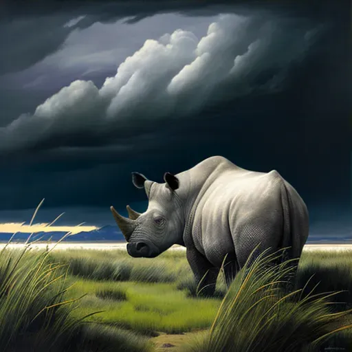 Javan rhinoceros grazing in green grasslands under cloudy sky - Image 3