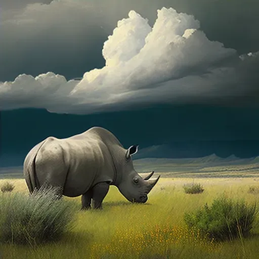 Javan rhinoceros grazing in green grasslands under cloudy sky - Image 4