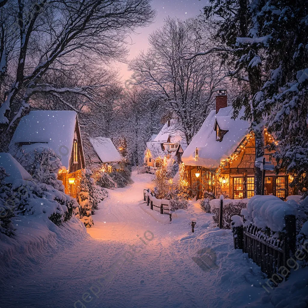 Snowy village with holiday lights at twilight - Image 1