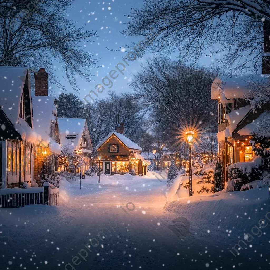 Snowy village with holiday lights at twilight - Image 2