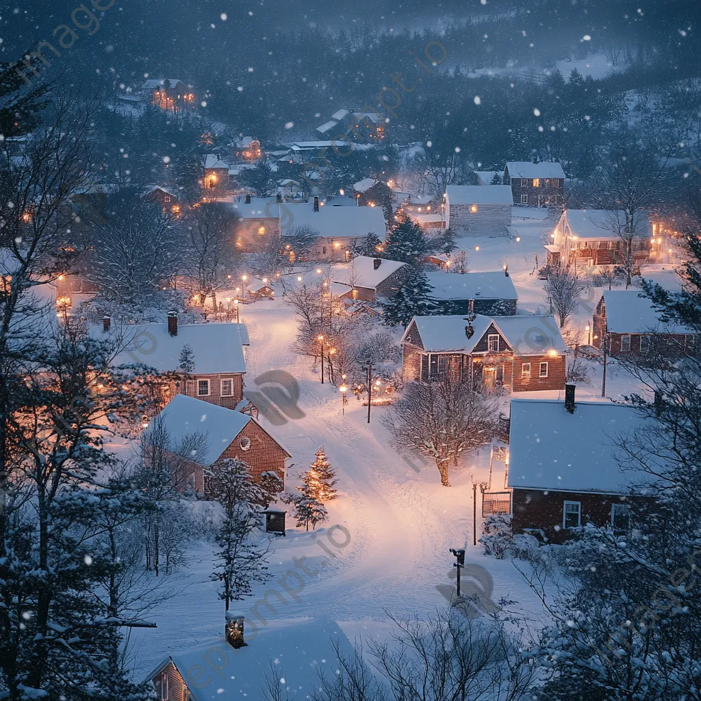 Snowy village with holiday lights at twilight - Image 4