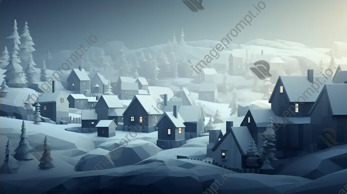 Polygonal depiction of a snow-covered village in winter - Image 2