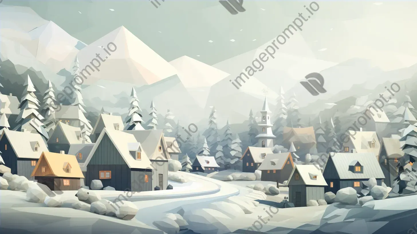 Polygonal depiction of a snow-covered village in winter - Image 4