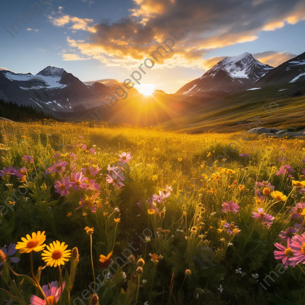 Wide view of an alpine meadow filled with wildflowers at sunset - Image 1