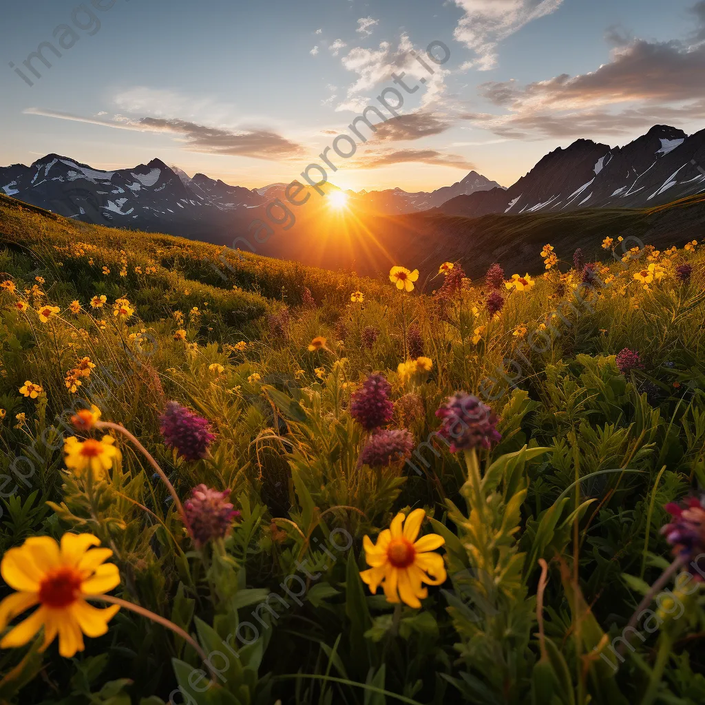 Wide view of an alpine meadow filled with wildflowers at sunset - Image 3