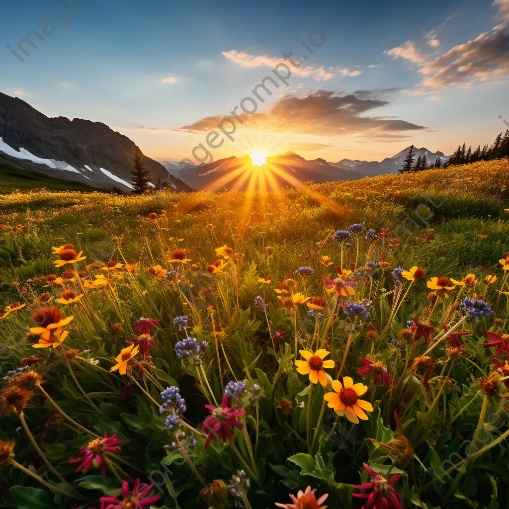 Wide view of an alpine meadow filled with wildflowers at sunset - Image 4