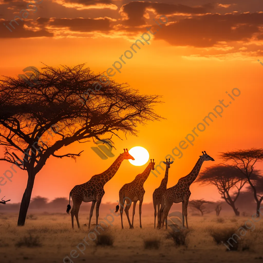 Giraffes silhouetted against a sunset sky. - Image 1