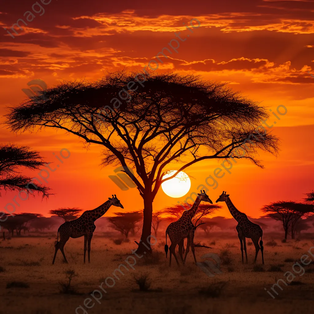 Giraffes silhouetted against a sunset sky. - Image 2