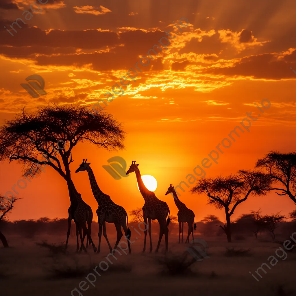 Giraffes silhouetted against a sunset sky. - Image 3