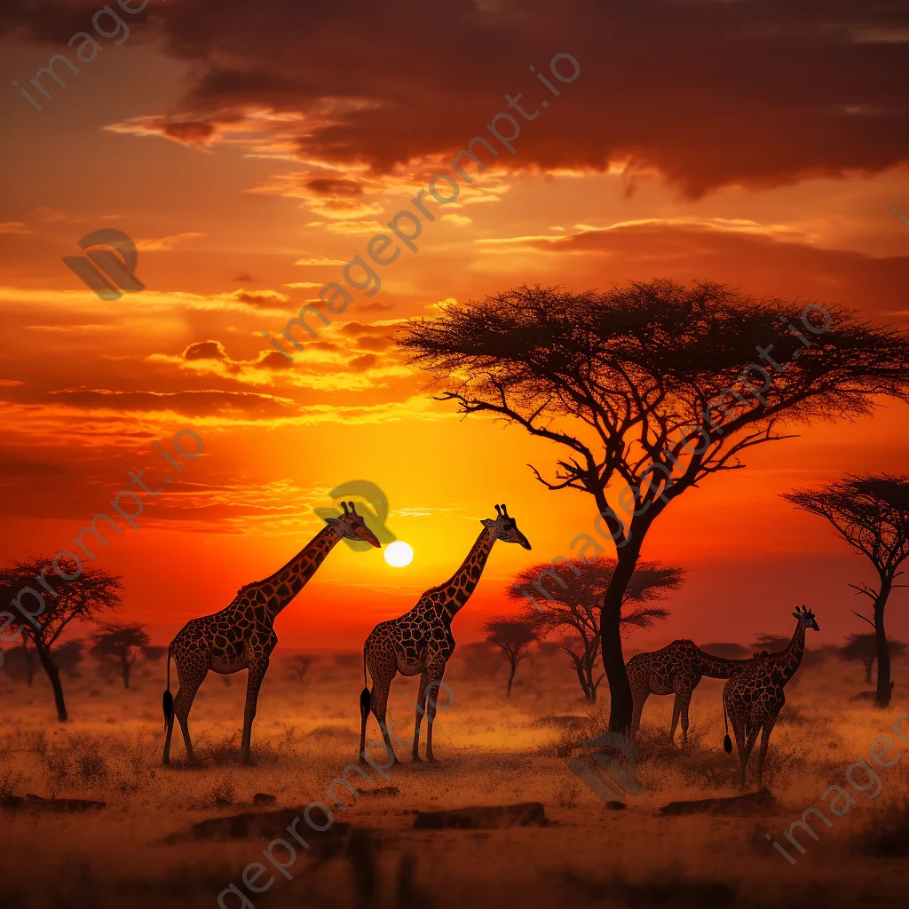 Giraffes silhouetted against a sunset sky. - Image 4