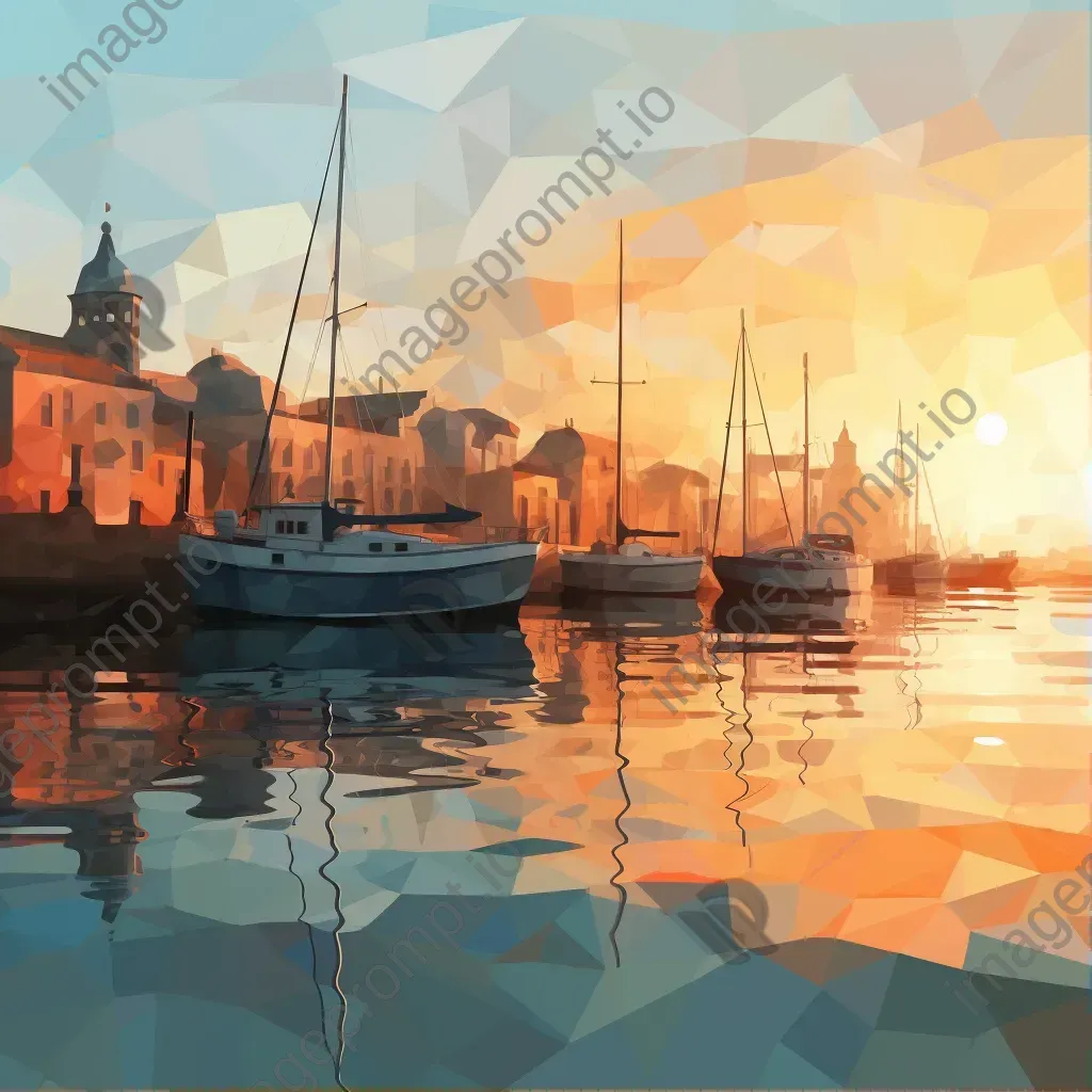 Low poly depiction of a vintage harbor during sunset - Image 1