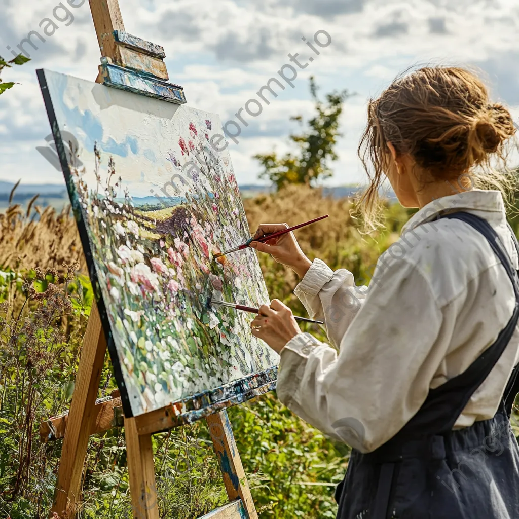 Artist painting a hedgerow landscape outdoors - Image 1