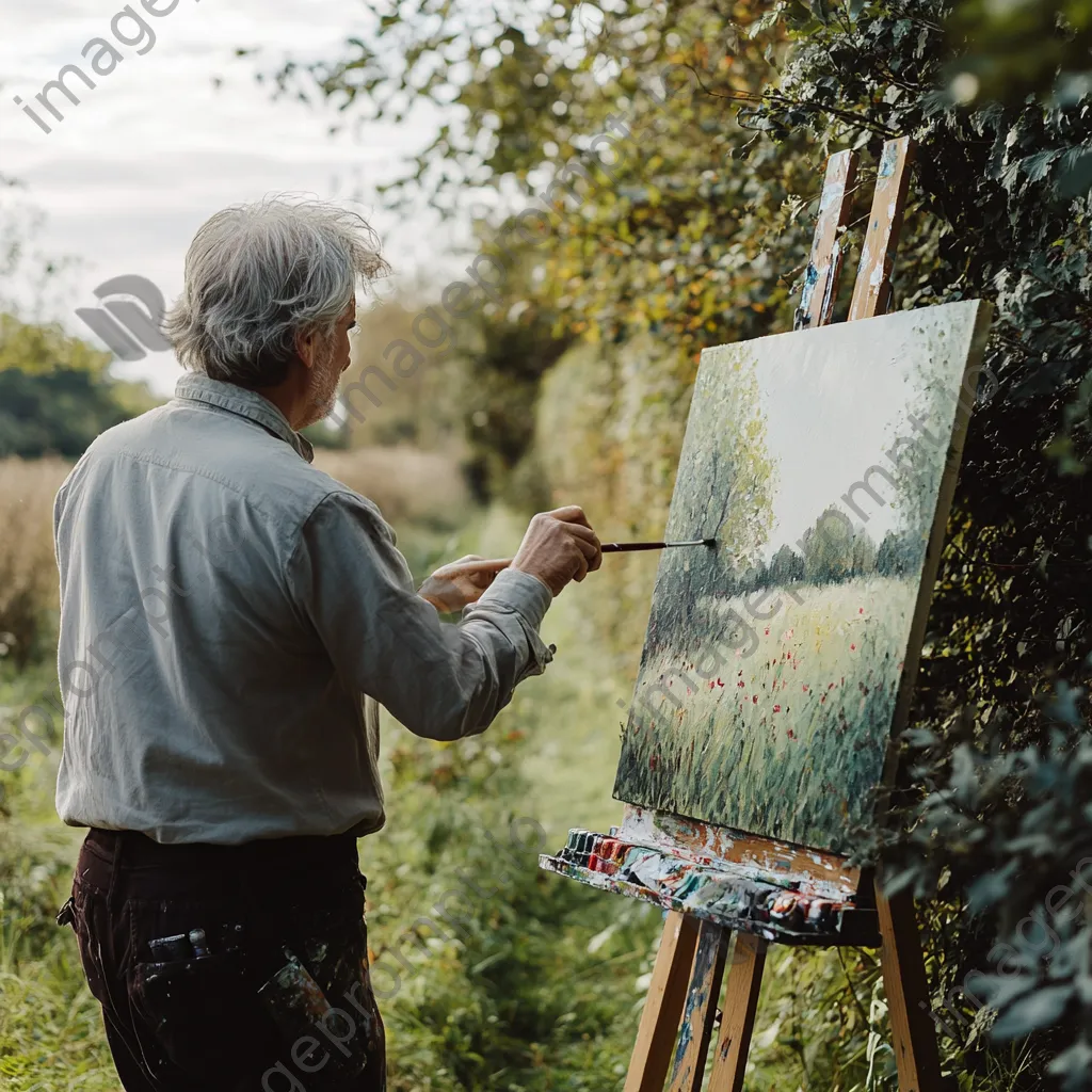 Artist painting a hedgerow landscape outdoors - Image 2