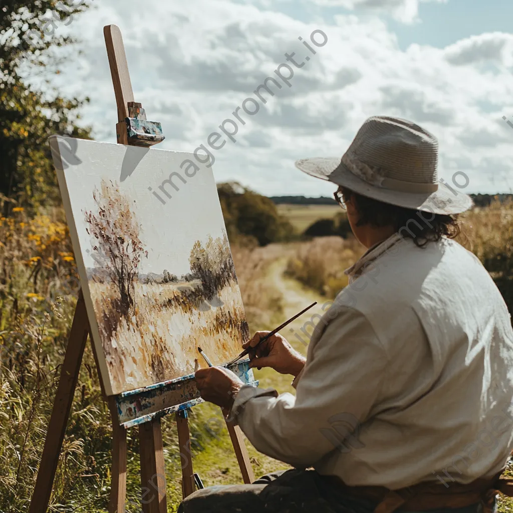 Artist painting a hedgerow landscape outdoors - Image 3