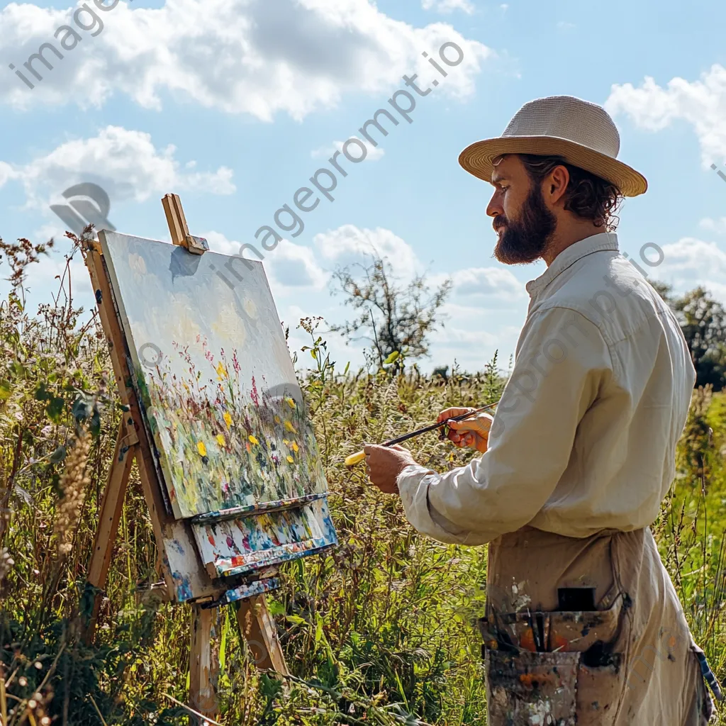 Artist painting a hedgerow landscape outdoors - Image 4