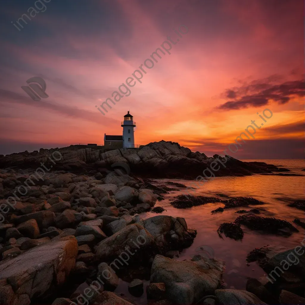 Solitary lighthouse on rocky coastline under vibrant sunset sky - Image 1